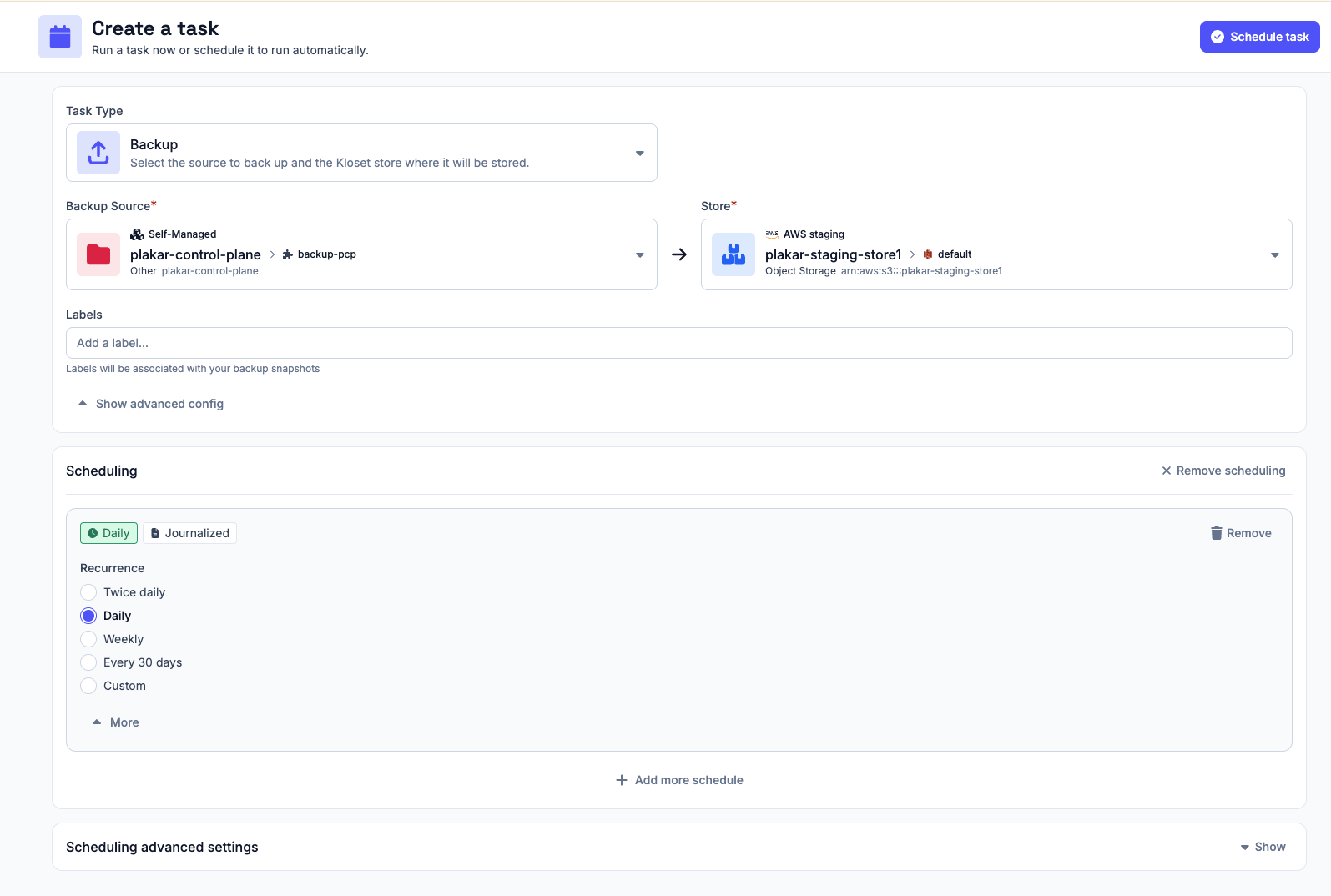 Schedule a backup task for the PCP connector