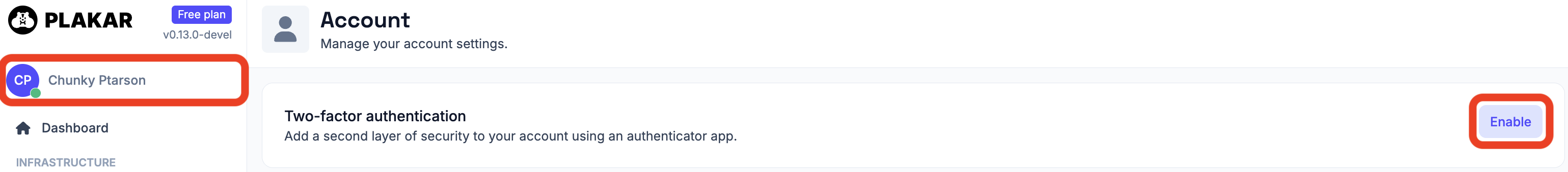Two-factor authentication settings