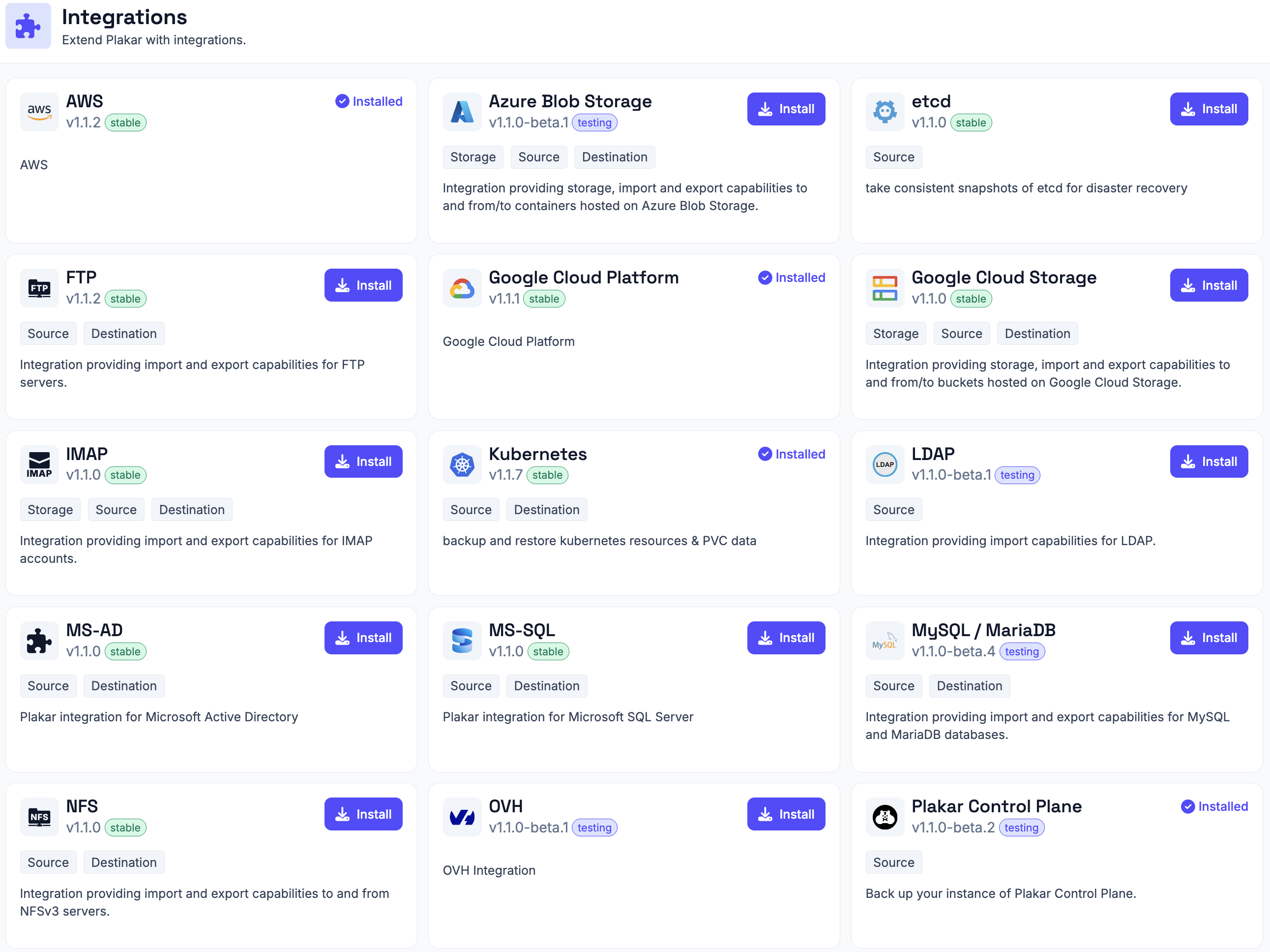 Integrations page