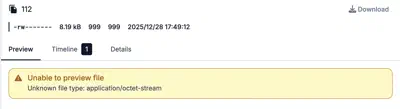 Plakar UI screenshot showing PostgreSQL can&rsquo;t be previewed