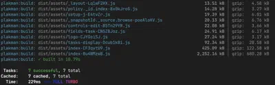 The Vite build output showing bundle sizes and chunk filenames