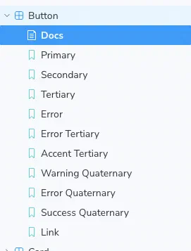The Button component in Storybook with all its variants visible in the sidebar