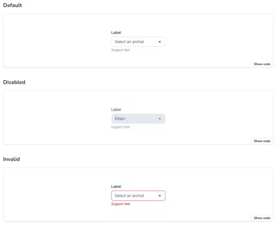 The Select component in Storybook showing the Disabled and Searchable stories