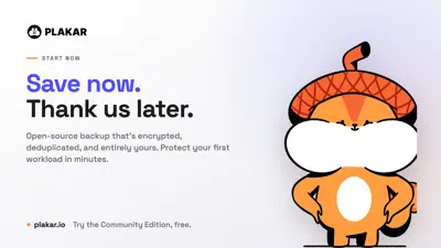 Save now, thank us later. Open-source backup that&rsquo;s encrypted, deduplicated, and entirely yours. Try the Plakar Community Edition free at plakar.io